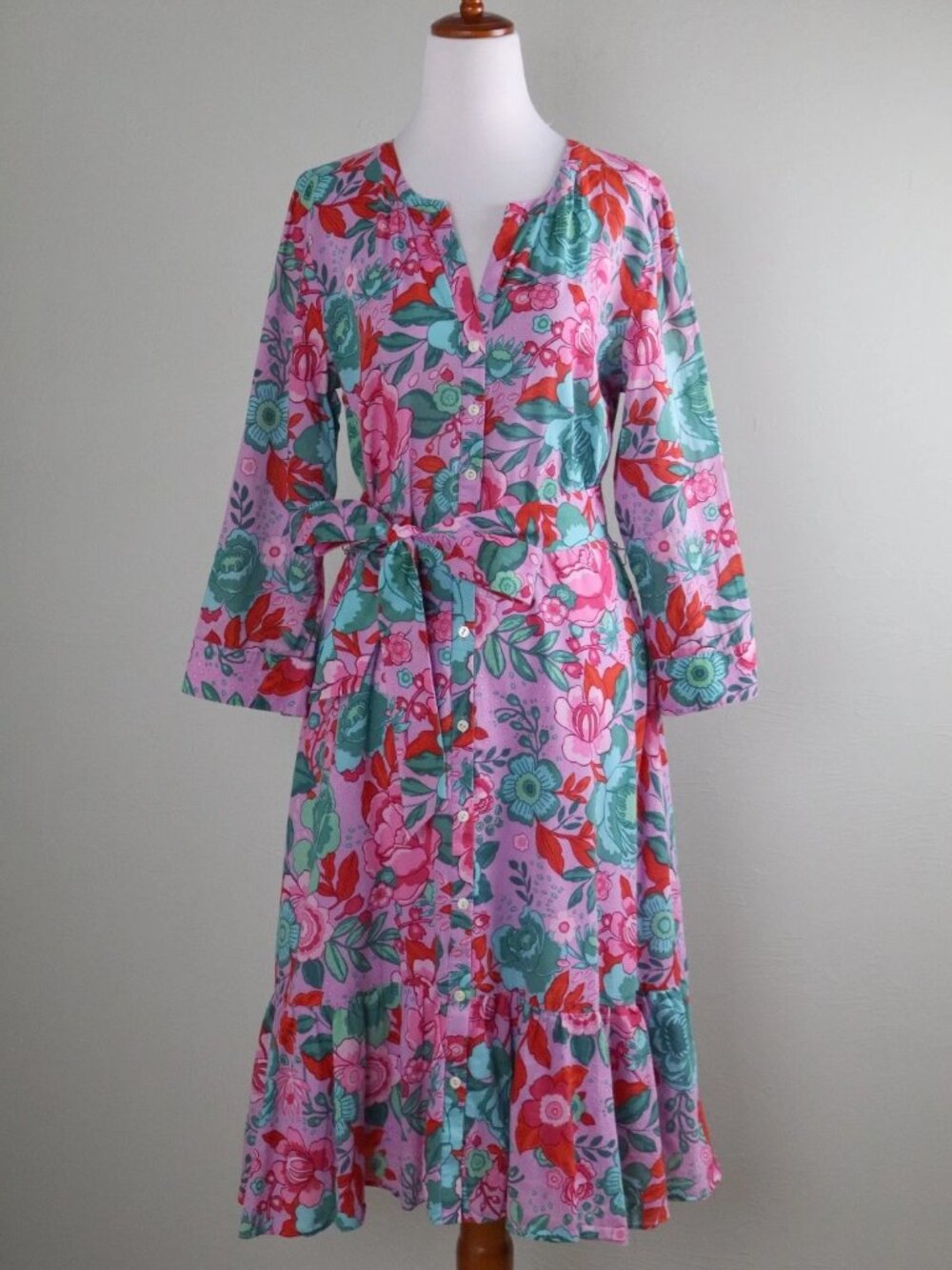 TALBOTS  Floral Ruffle Tie-Front Cotton Dress, Size 8